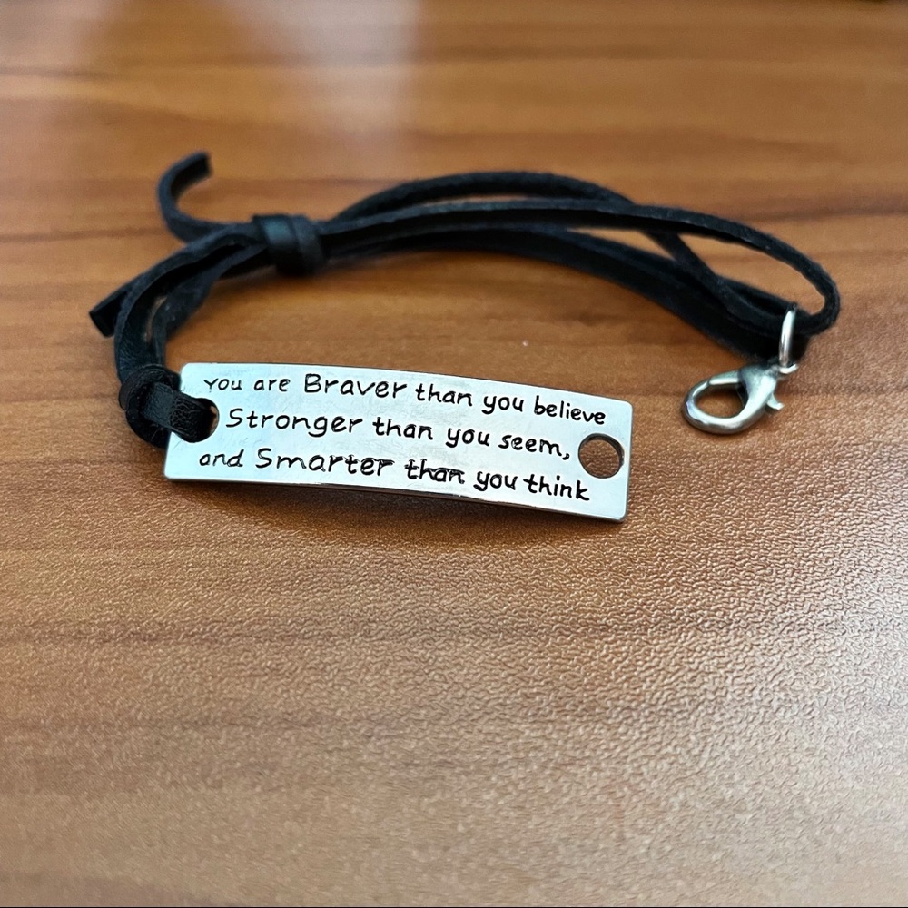 “Braver, Stronger, Smarter” Silver Tone and Leather Cord Bracelet